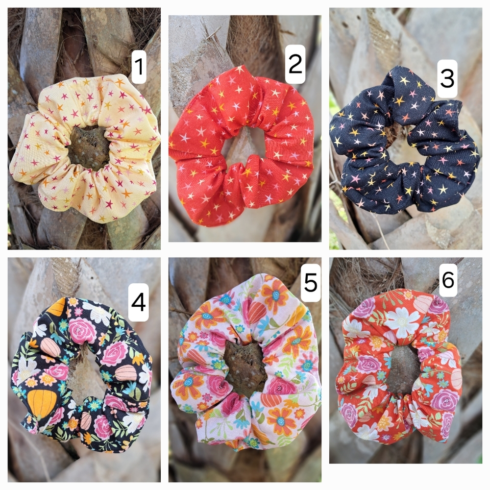 ONE Hand Crafted Cotton Scrunchie Halloween Collection #3 Floral Print Stars